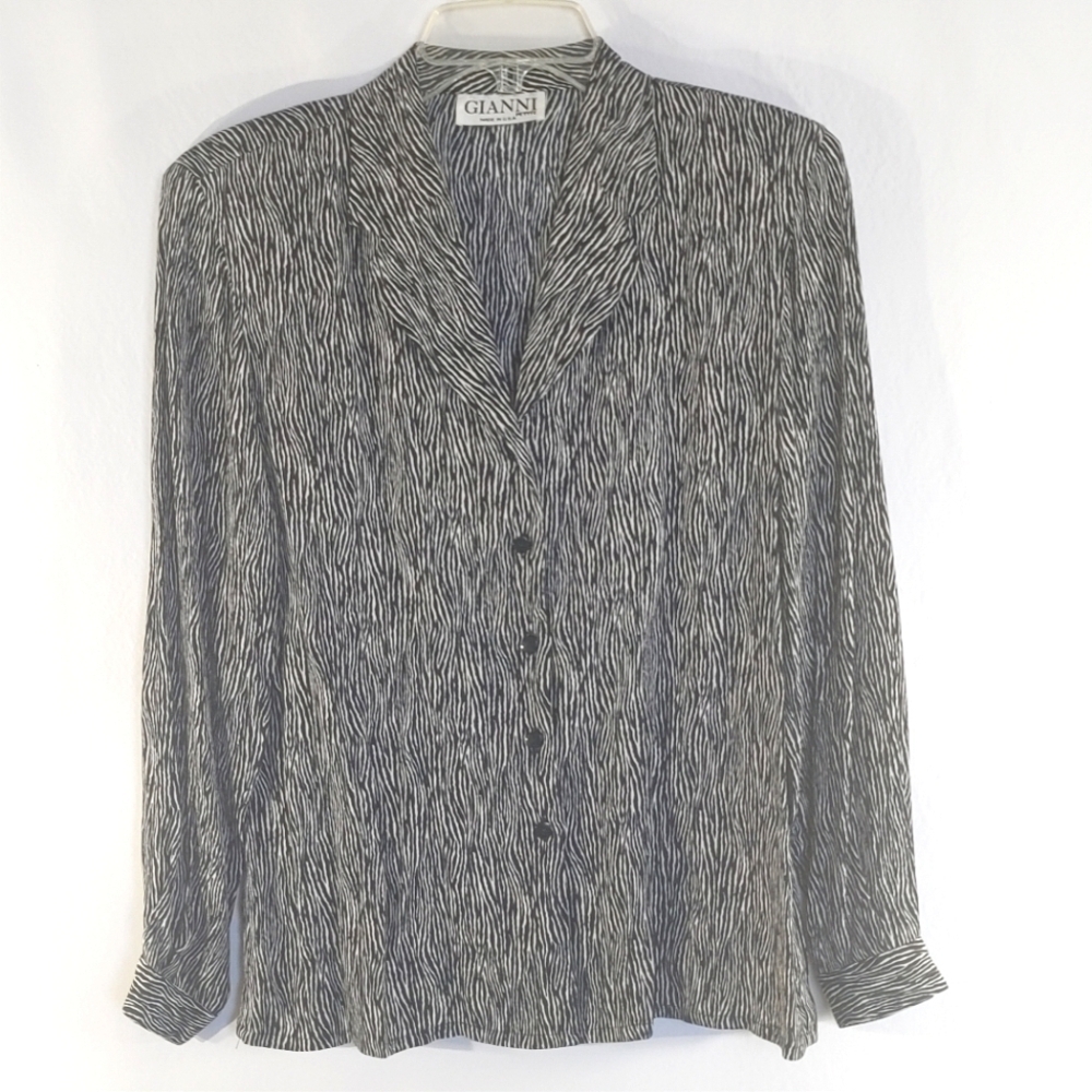 Vintage Gianni Black and White Patterned Shirt Blouse Size 6P